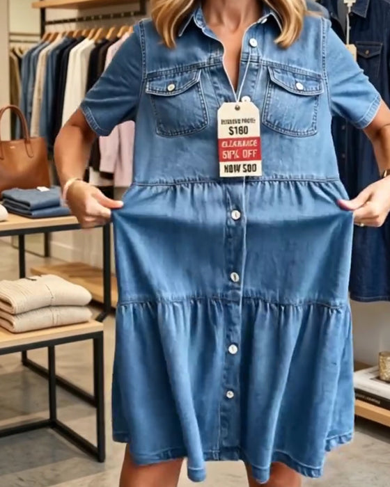 Denim Ruffle Tier Short Sleeve Dress