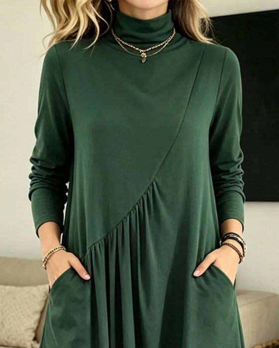 Turtleneck Ruched Pocket Maxi Dress