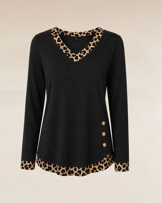 One-Side Button Leopard Print Spliced Top