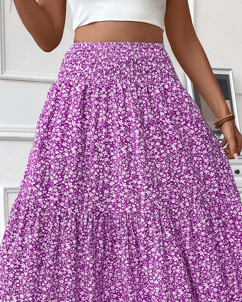 Layered Tiny Flower Print A-Line Long Skirt