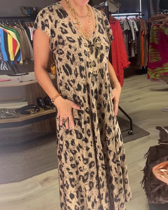 V-Neck Leopard Short Sleeve Dress