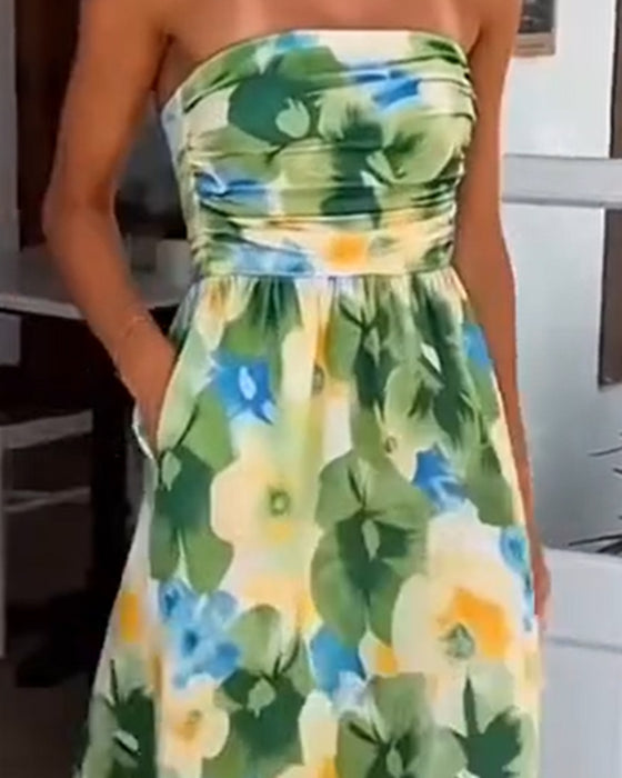 Floral Strapless Waist A-Line Dress