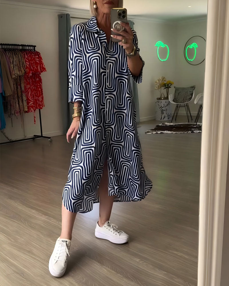 Lapel Geometric Print Loose Dress