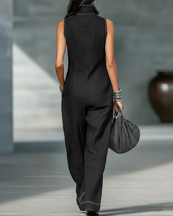 Mandarin Collar Sleeveless Black and White Wide-Leg Jumpsuits