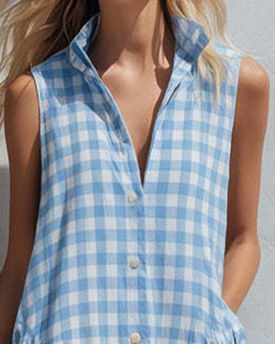 Lapel Blue And White Check Sleeveless Dress