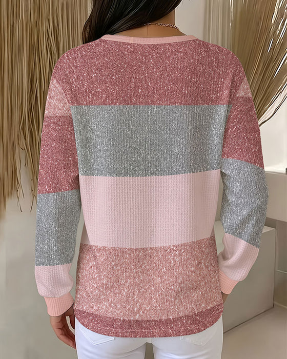 Button Crew Neck Color Block Sweatshirt