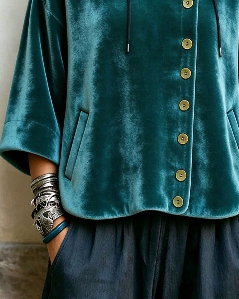 Hooded Half Sleeve Asymmetrical Button Velvet Coat