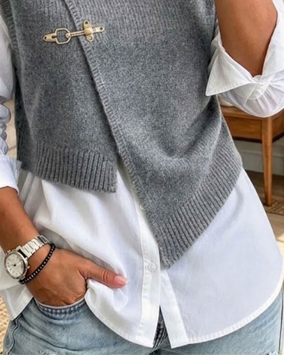 Half Turtleneck Diagonal Buttoned pullover Vest Set