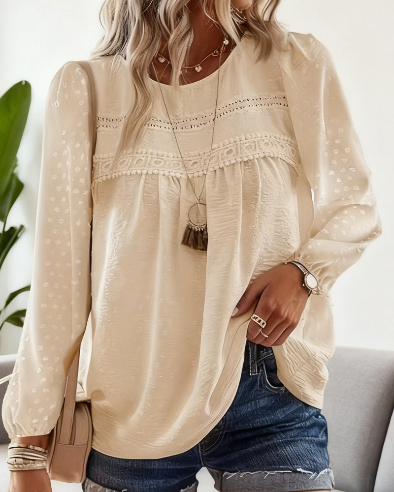Lace Paneled Crew Neck Blouse