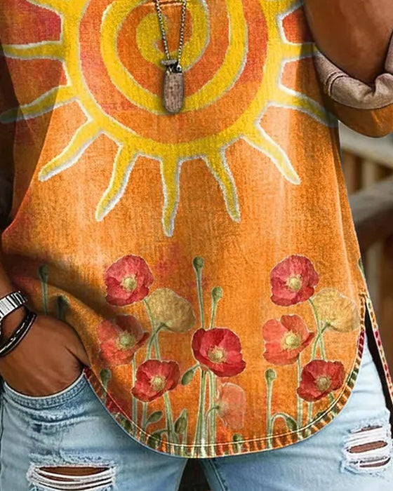 Sunflower Print V-Neck Top