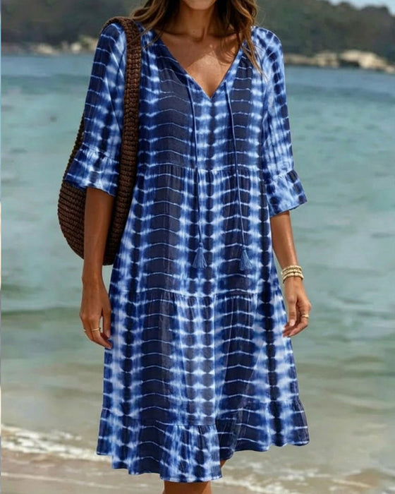 V-Neck Blue Tone Print Dress