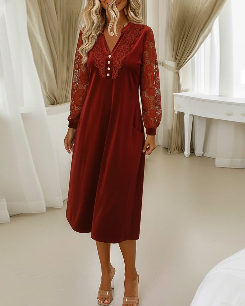 Lace Long-Sleeved V-Neck Velvet Dress