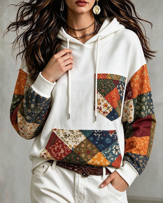 Patchwork Print Hooded Hoodie