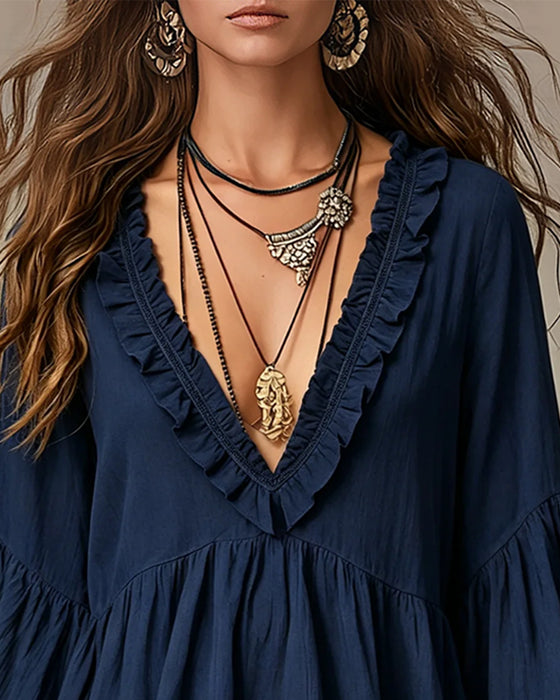 V-Neck Scallop Ruffle Trim Blouse