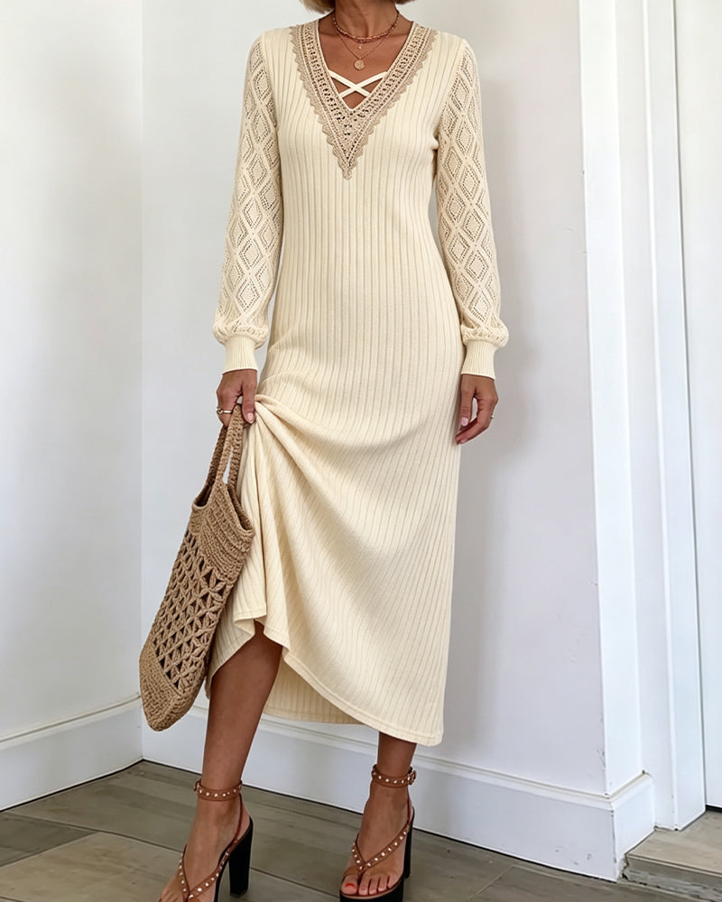 Lace V-Neck Solid Color Dress