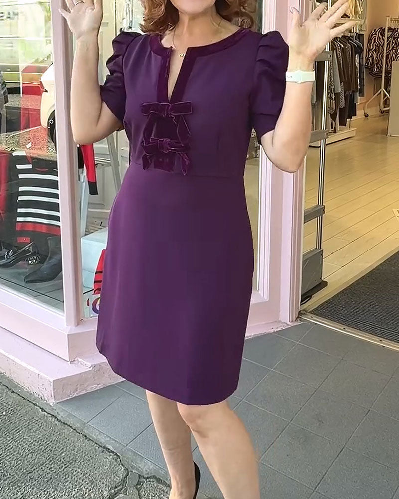 Puff Sleeve Bow Velvet Patchwork Dress