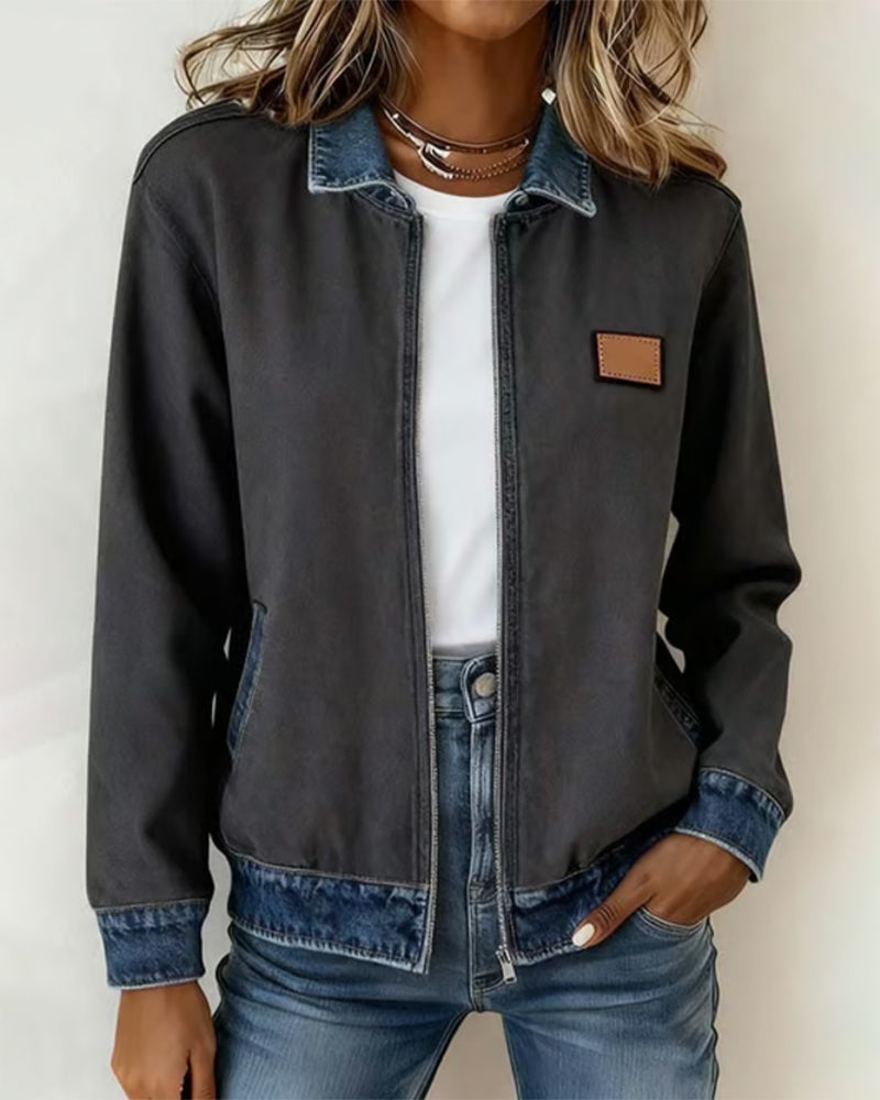 Contrast Lapel Zip-Up Coat