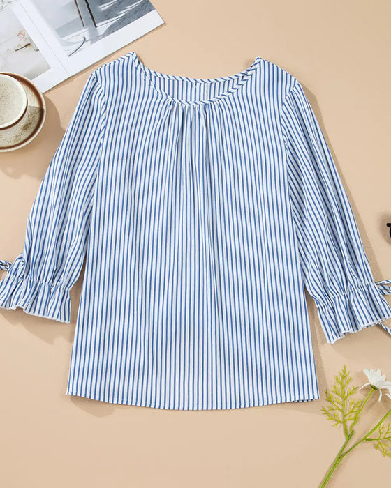 Striped Crew Neck Bubble Sleeve Blouse