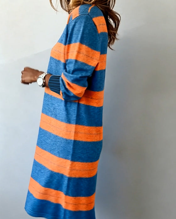 V-Neck Colorful Striped Knitted Dress