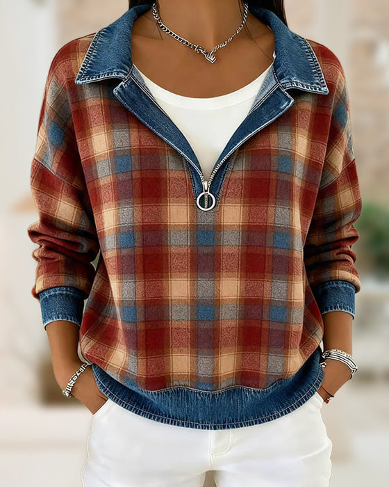 Women'S Casual Lapel Denim Patchwork Plaid Print Pullover Sweatshirt