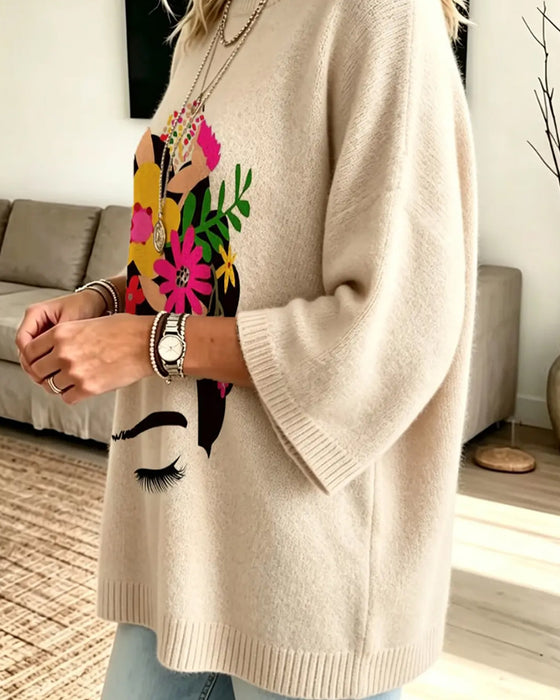 Loose Fit Face Floral Print Pullover