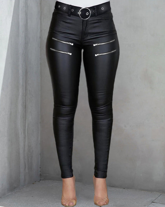 High Waist PU Zipper Pants