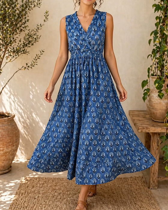 V-Neck Sleeveless Waist Dress