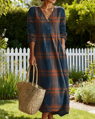 Forest-Style V-Neck Plaid Casual Dress