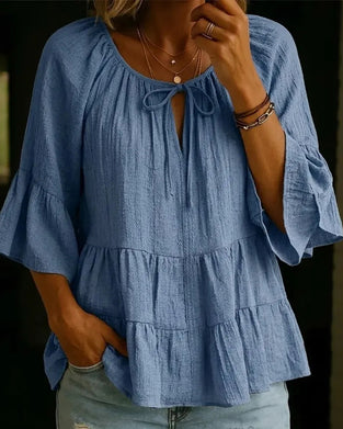 Drawstring Ruffle Flare Sleeve Blouse