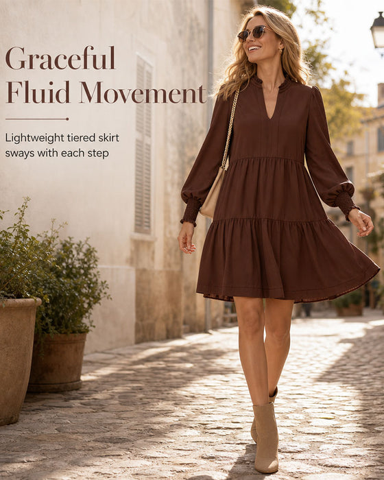 V-Neck Puff Sleeve Tiered Dress