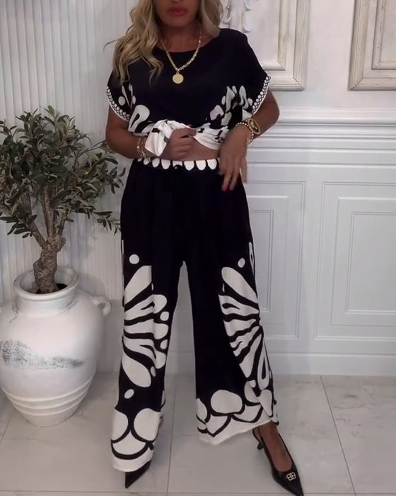 Temperament Printed Pocket Wide-Leg Pants Suit