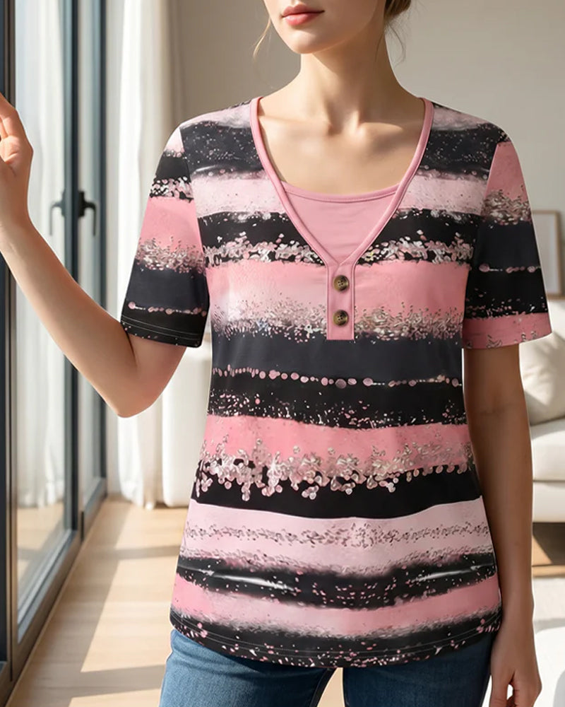 Print Patchwork Fake Two Piece T-Shirt