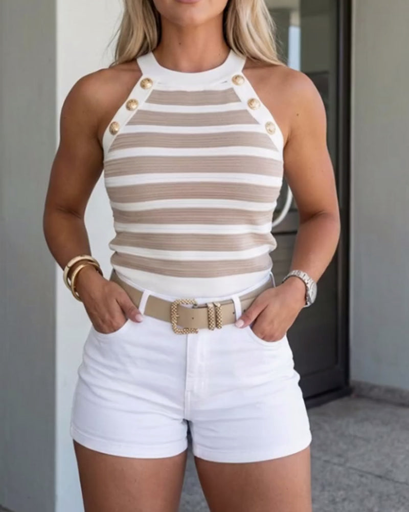 Striped Color-Block Knit Halter Tank Top