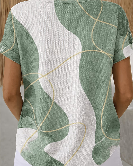 Color Contrast Line Button Crew Neck Blouse