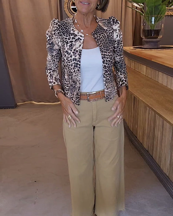 Leopard print puff sleeve casual jacket