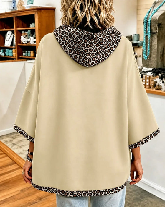 Leopard Print Patchwork Hooded 3/4 Sleeve Hoodie