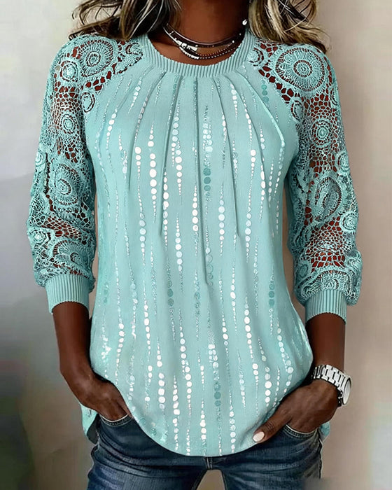 Round Neck Shirred Lace Polka Dot Top