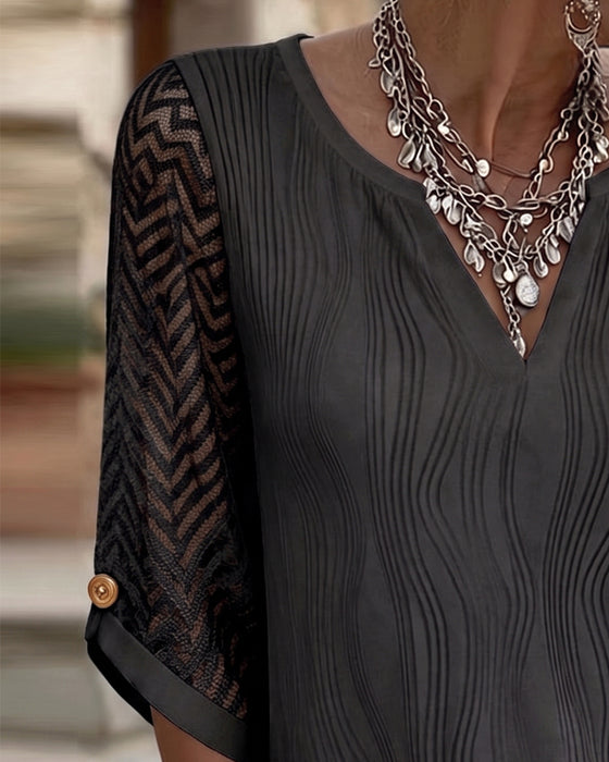 V-Neck Lace Panel Solid Line Blouse