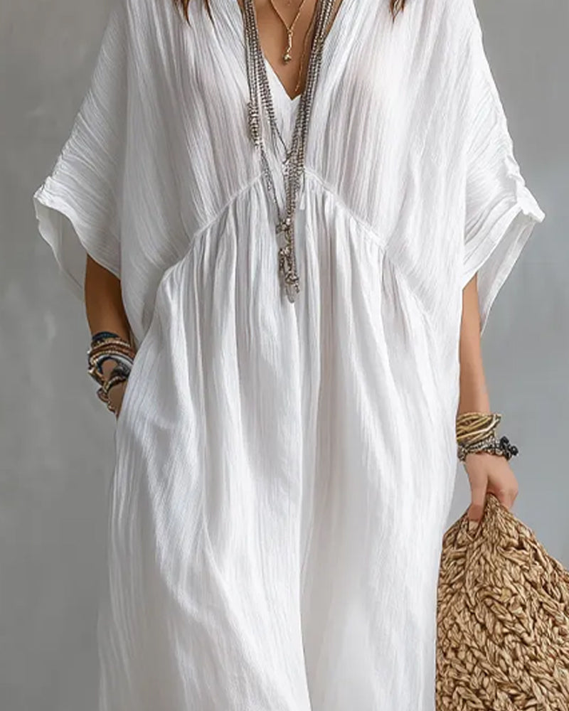 V-Neck Batwing Sleeve Flared Dress