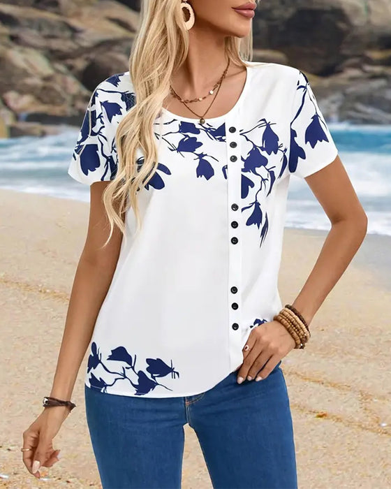 Casual Round Neck Irregular Print T-Shirt