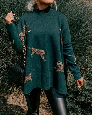 High-Neck Loose Leopard Jumper