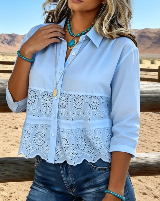 Cut-Out Patchwork Lapel Blouse