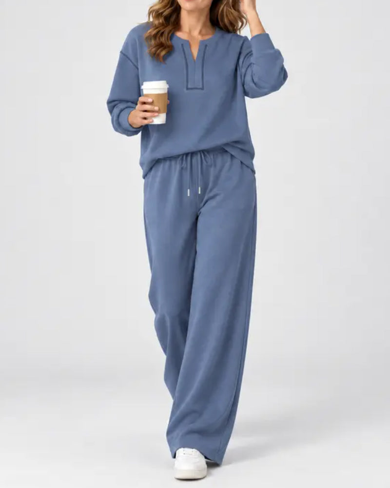 V-Neck Line Wide-Leg Long Sleeve Set