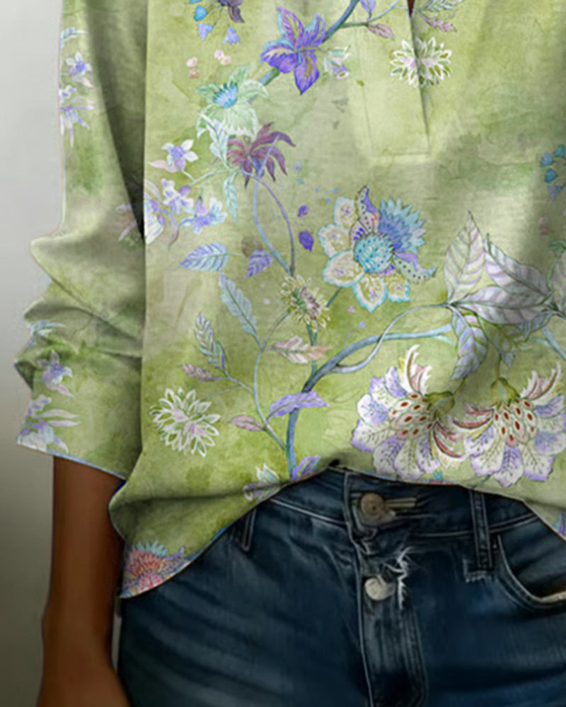 Stand-Up Collar Long-Sleeved Floral Blouse