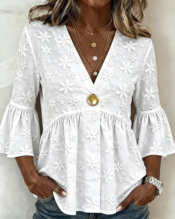 V-Neck Flared Sleeve Cinched Waist Blouse