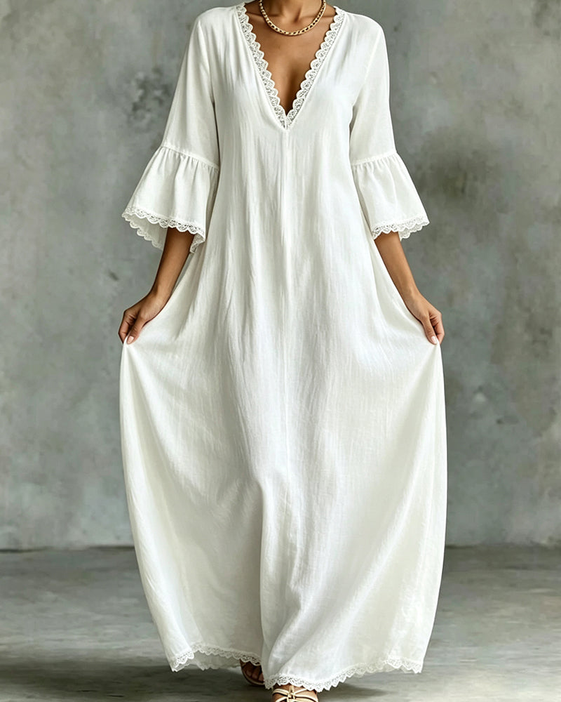V-Neck Lace Patchwork Ruffle Full Skirt Dress