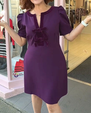 Puff Sleeve Bow Velvet Patchwork Dress