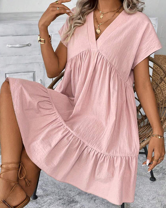 Solid V-Neck Ruffle-Trim Dress
