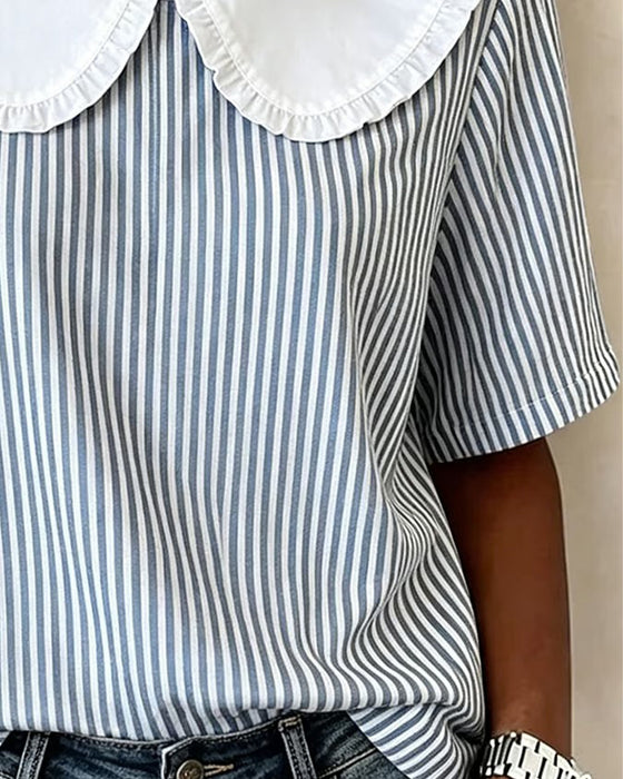 Striped Peter Pan Collar Short Sleeve Blouse
