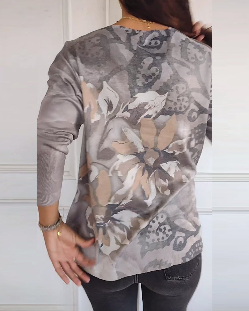 Vintage floral print V-neck long-sleeved top